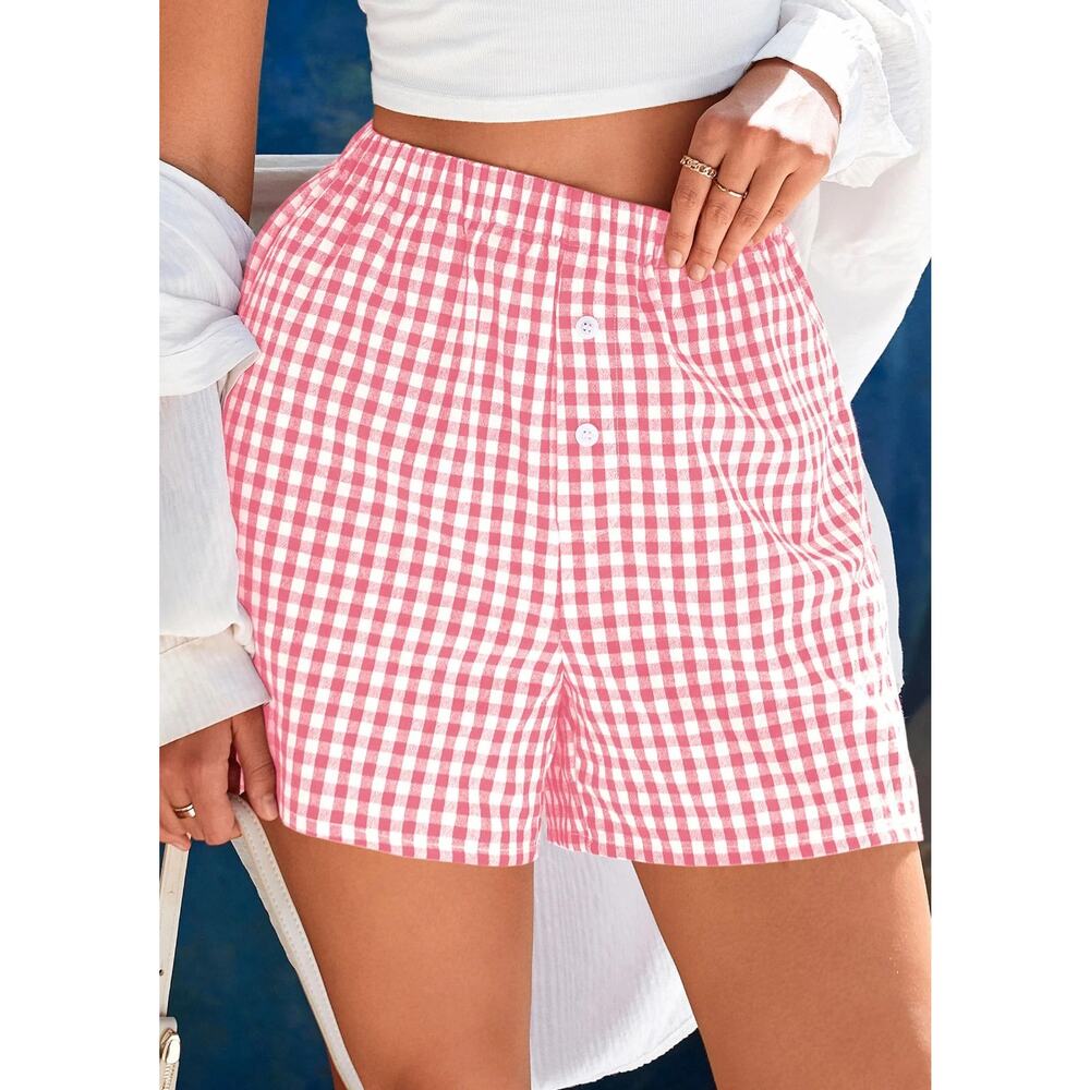 Prettygarden Pink White Plaid Button Front Boxer Lounge Shorts Women's M